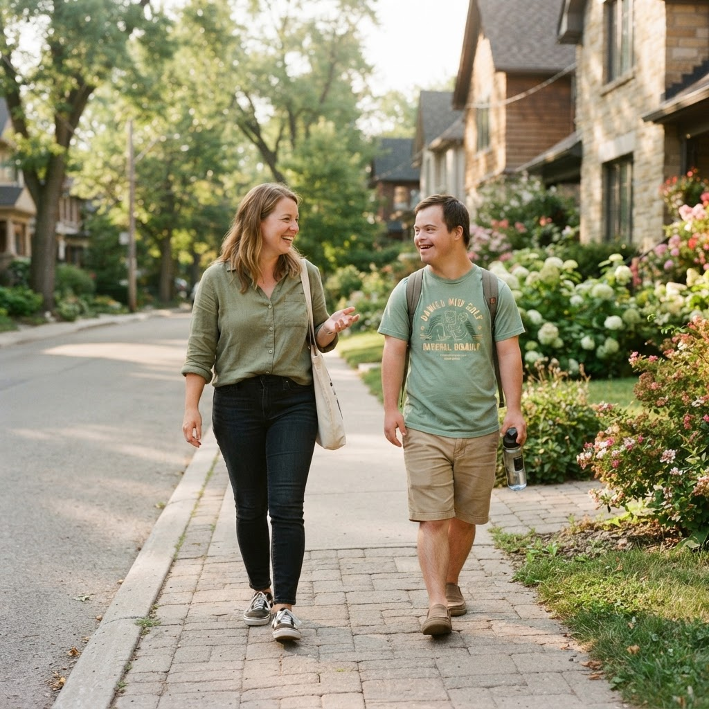 A direct support professional walking outdoors with a young adult in the community.