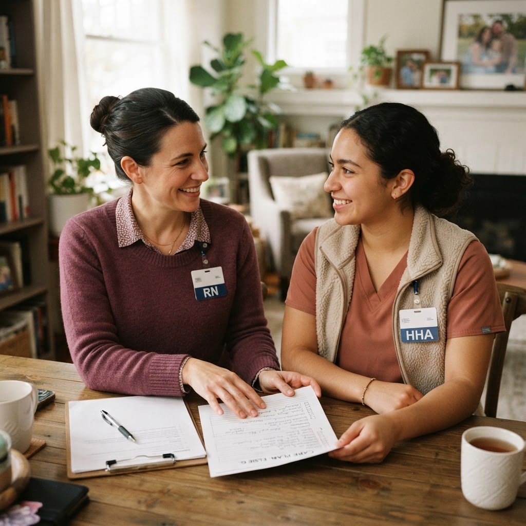 A Chriswell registered nurse reviewing a care plan with a home health aide.