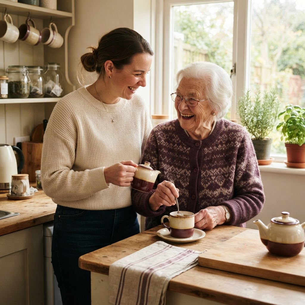 A home caregiver preparing tea with an older woman in a sunny kitchen