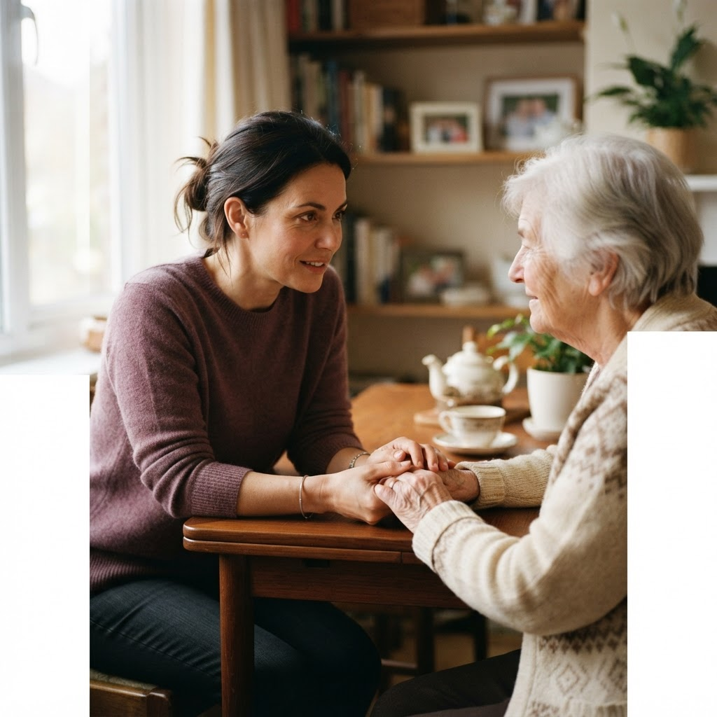A woman gently holding her elderly mother's hands across a table, listening attentively in a warmly lit home.